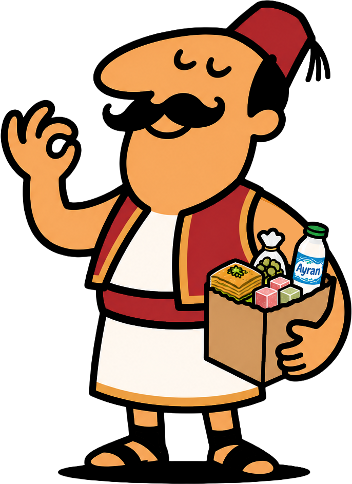 Illustration of Jesus, Lil'Turk Shop's founder, holding a bag of pantry goods